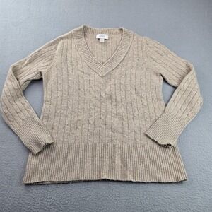 Ann Taylor Loft Sweater Womens XL Beige Cotton Speckled Cable Knit V Neck Ribbed